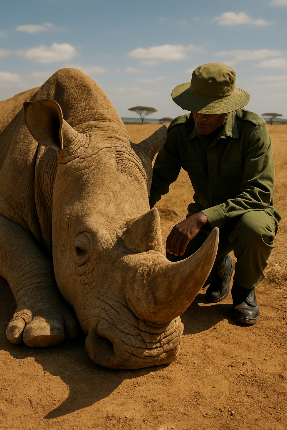 Wildlife ranger in khaki tending to a massive white rhino lying on African savanna dirt