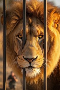 A massive lion pressing close to a reinforced steel cage carrying human visitors in China