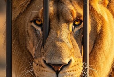 A massive lion pressing close to a reinforced steel cage carrying human visitors in China