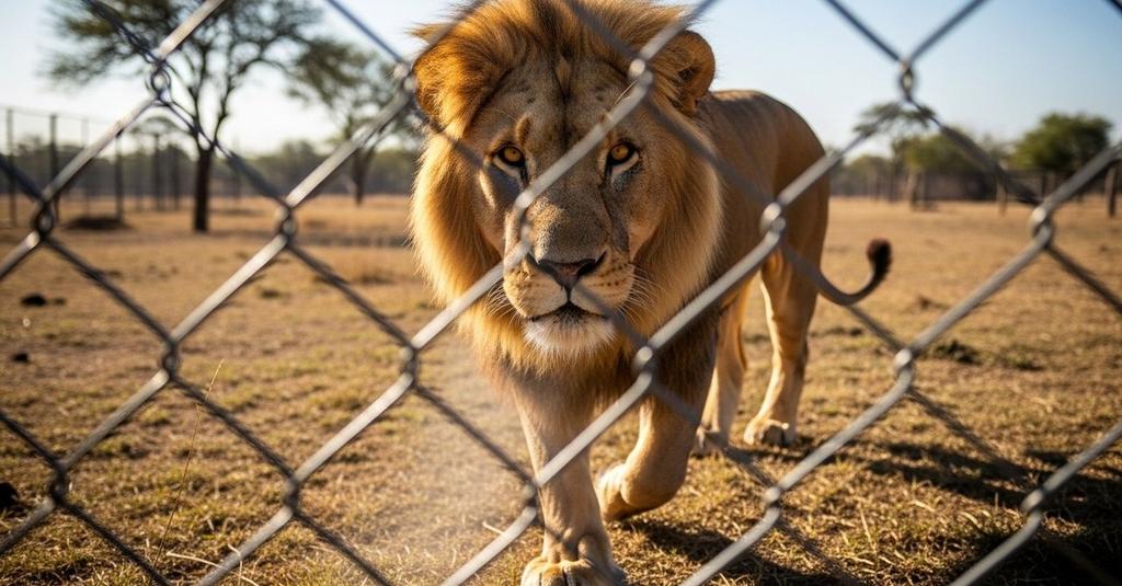 Tiger prowling freely around a steel enclosure vehicle in an open wildlife park