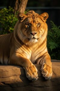 Massive liger resting on rock, showing enormous size compared to keeper nearby