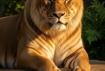 Massive liger resting on rock, showing enormous size compared to keeper nearby