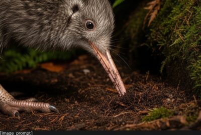 Little spotted kiwi foraging on forest floor at night in New Zealand