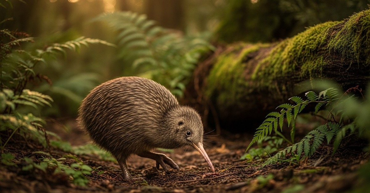 Close-up of little spotted kiwi feathers and long bill in dense undergrowth
