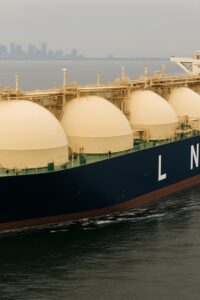 Massive Moss-type LNG carrier with five spherical cryogenic tanks crossing open ocean