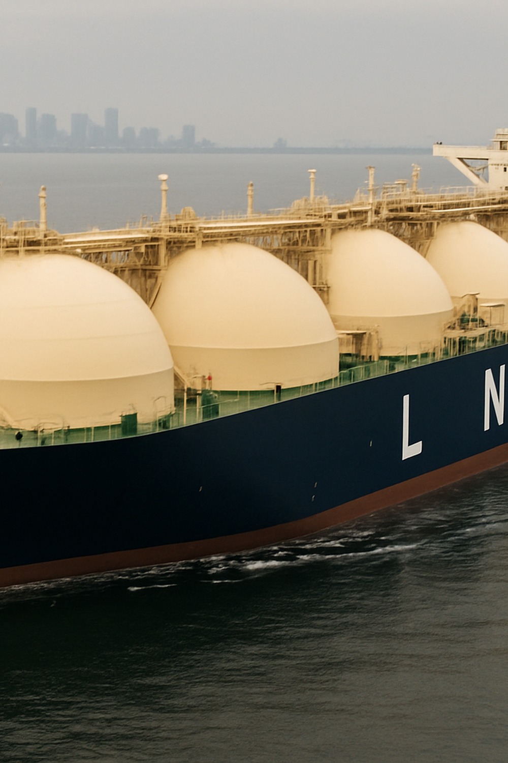 Massive Moss-type LNG carrier with five spherical cryogenic tanks crossing open ocean