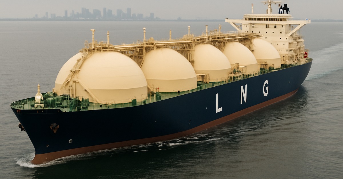 LNG carrier stern view showing bridge superstructure and spherical tank domes at sea