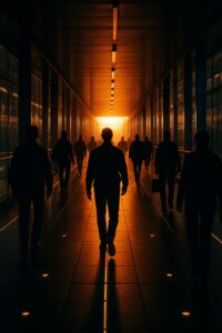Silhouetted commuters walking over glowing kinetic pavement tiles at golden hour