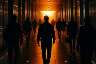 Silhouetted commuters walking over glowing kinetic pavement tiles at golden hour