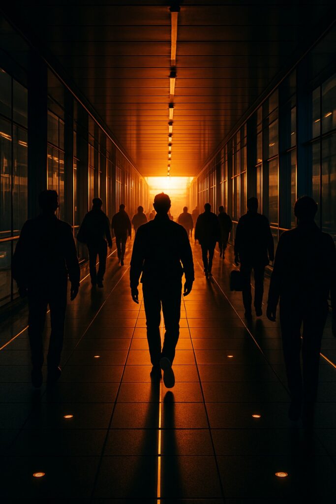 Silhouetted commuters walking over glowing kinetic pavement tiles at golden hour