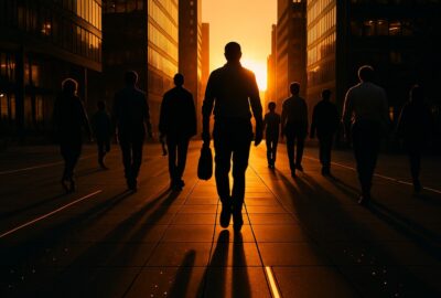 Silhouetted commuters walking over glowing kinetic pavement tiles at golden hour
