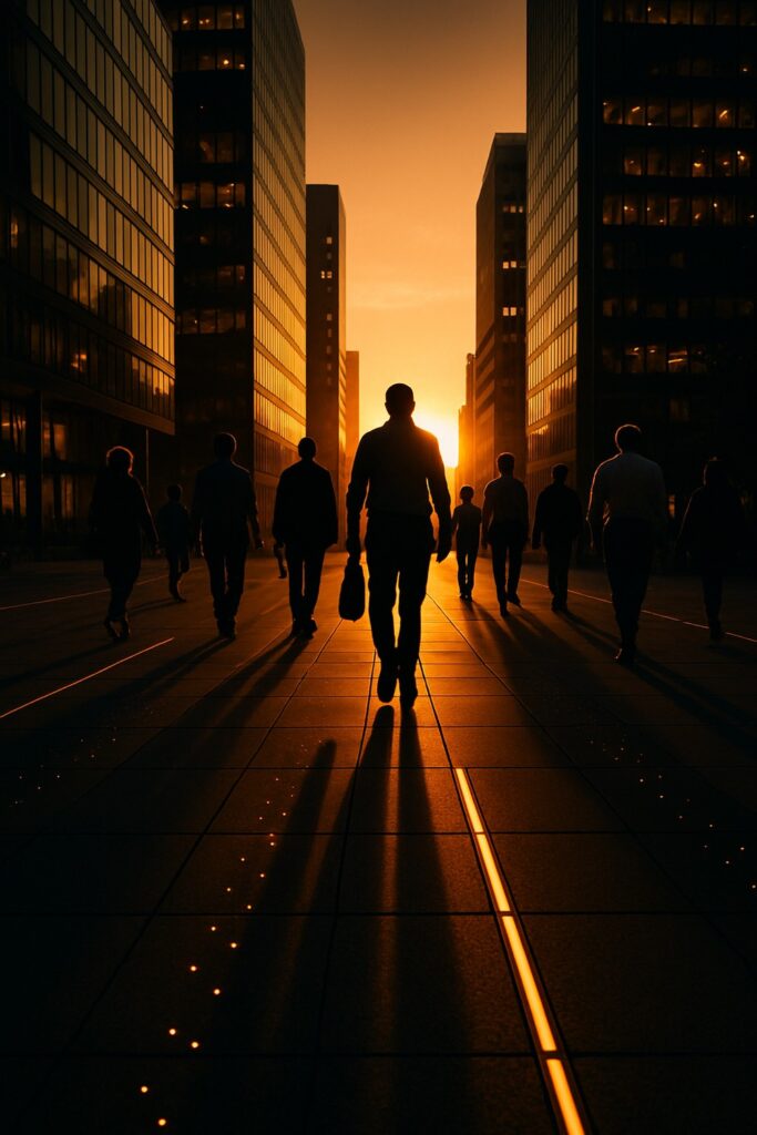 Silhouetted commuters walking over glowing kinetic pavement tiles at golden hour