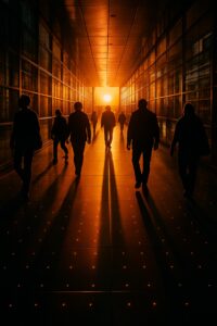 Silhouetted commuters walking over glowing kinetic energy tiles at golden hour