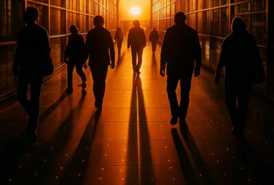 Silhouetted commuters walking over glowing kinetic energy tiles at golden hour