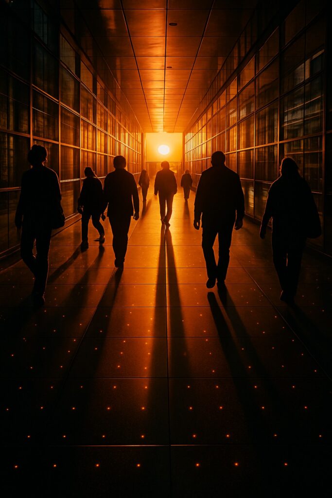 Silhouetted commuters walking over glowing kinetic energy tiles at golden hour
