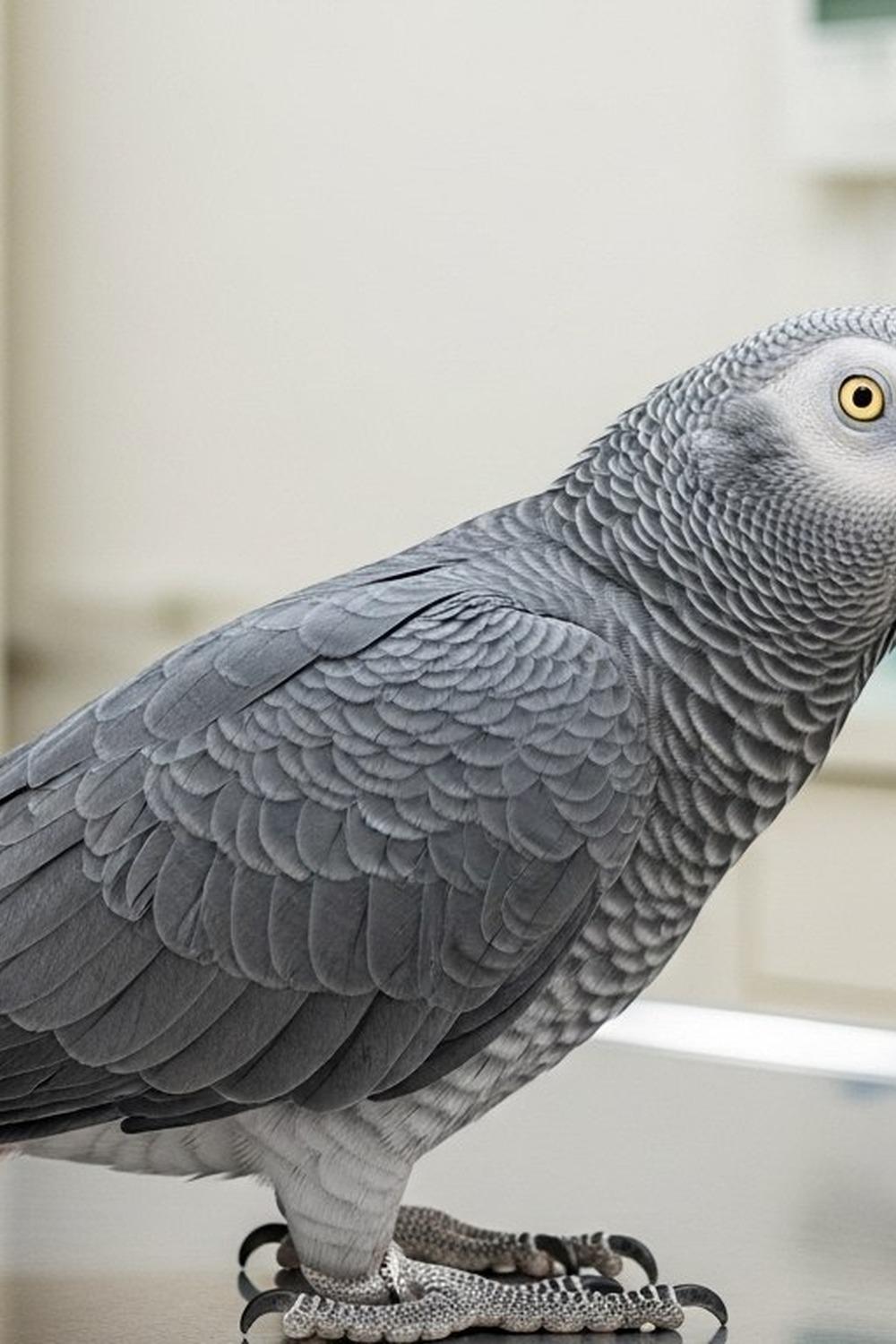 A striking African grey parrot perched calmly inside a bright veterinary clinic in Tokyo
