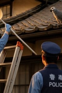 African grey parrot perched on Japanese roof tiles as police officer extends capture net