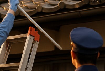African grey parrot perched on Japanese roof tiles as police officer extends capture net