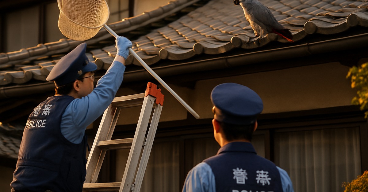 Close-up of African grey parrot sitting alert on traditional Japanese clay roof ridge