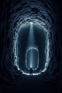 Vast dark lunar lava tube interior stretching deep beneath the Moon's rocky surface