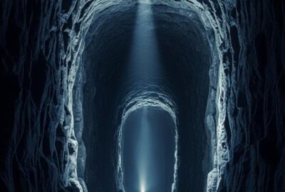 Vast dark lunar lava tube interior stretching deep beneath the Moon's rocky surface