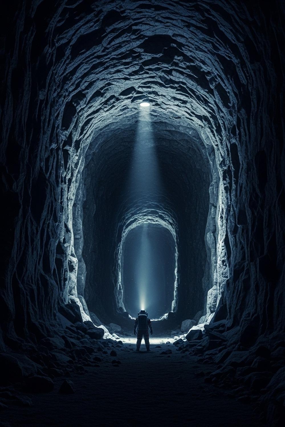 Vast dark lunar lava tube interior stretching deep beneath the Moon