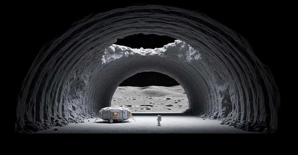 Cross-section view of a hollow lunar lava tube tunnel beneath crater-scarred moonscape