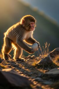 Young macaque monkey striding confidently across rocky terrain holding a stone
