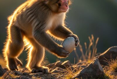 Young macaque monkey striding confidently across rocky terrain holding a stone