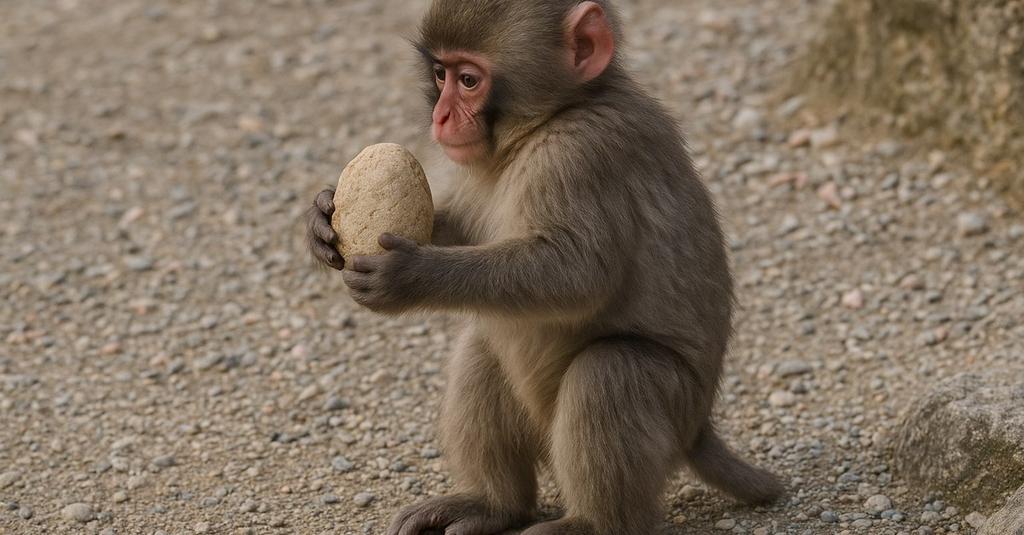 Close-up of juvenile macaque clutching a smooth rock with alert curious expression