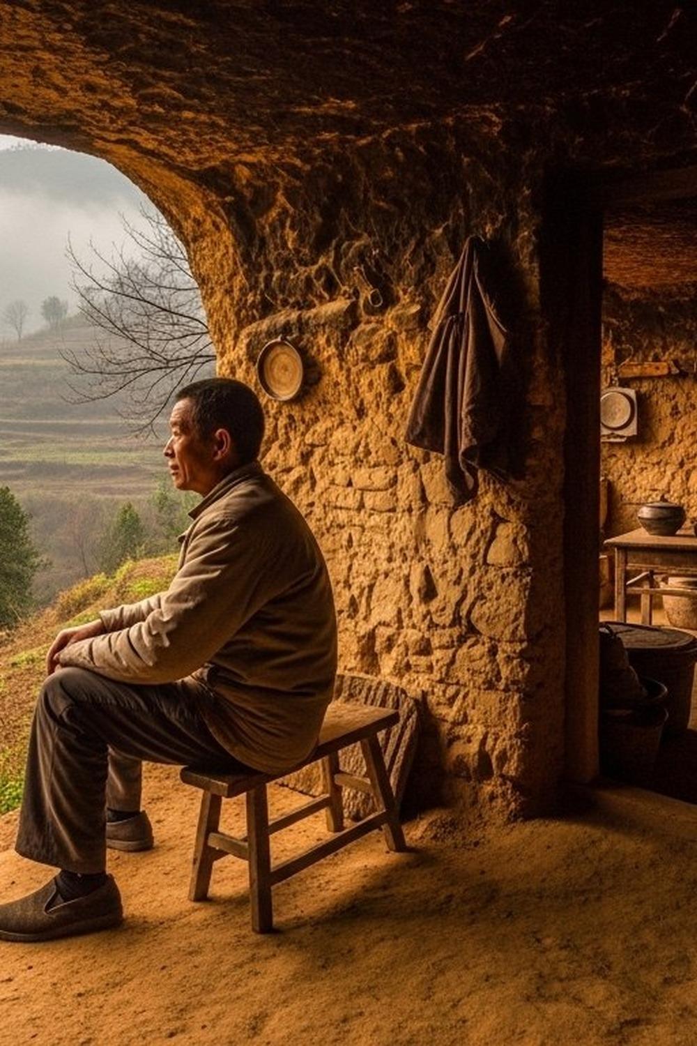 A man sitting peacefully at the entrance of a carved hillside cave in rural Sichuan, China