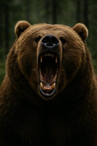Massive grizzly bear roaring wide open mouth showing teeth in dense forest