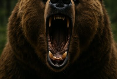 Massive grizzly bear roaring wide open mouth showing teeth in dense forest