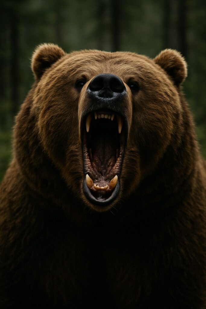 Massive grizzly bear roaring wide open mouth showing teeth in dense forest