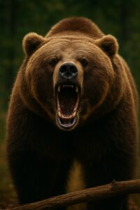 Massive grizzly bear roaring with open jaws in a dense Montana forest setting