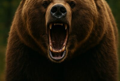 Massive grizzly bear roaring with open jaws in a dense Montana forest setting