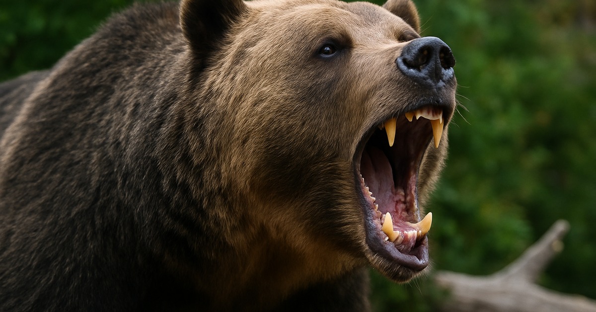 Close-up side profile of a grizzly bear mid-roar showing powerful teeth and fur