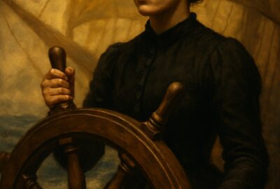 Young 19th-century woman gripping a tall ship's wooden helm with fierce determination