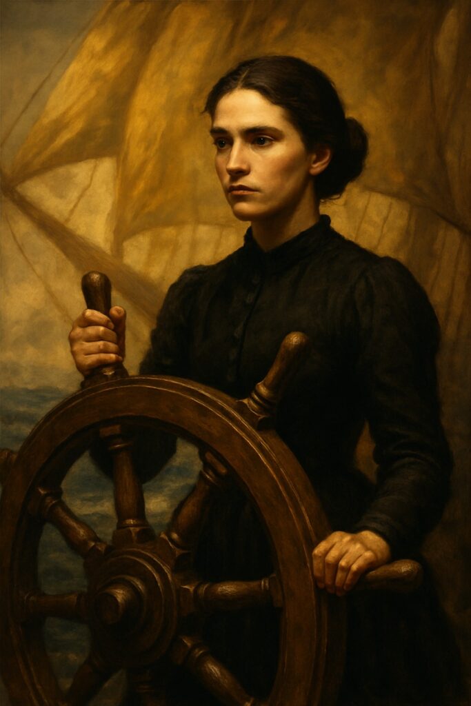 Young 19th-century woman gripping a tall ship's wooden helm with fierce determination