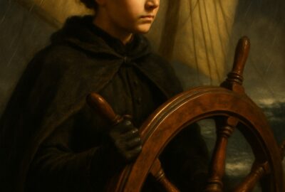 Young 19th-century woman gripping a tall ship's wheel with fierce resolve at sea