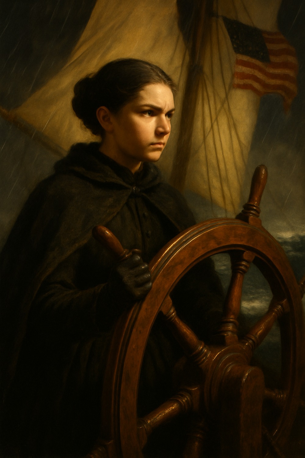 Young 19th-century woman gripping a tall ship