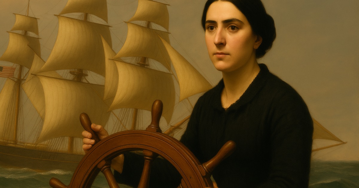 Period woman navigator studying nautical charts by lantern light below ship deck