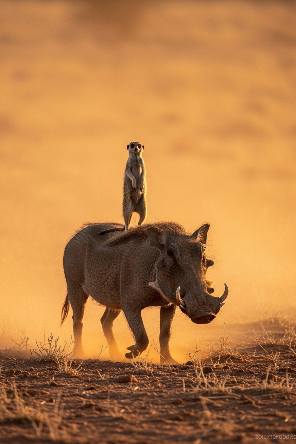 A small meerkat perched upright on the back of a large warthog in the African savanna