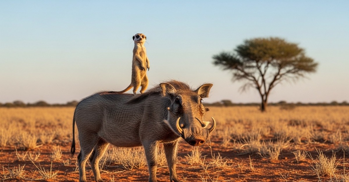 Banded mongooses grooming a warthog in golden afternoon light on the Kalahari