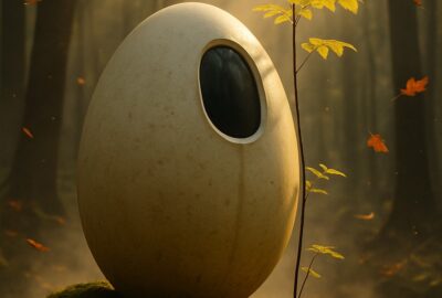 A futuristic white egg-shaped burial pod beside a young sapling in a sunlit forest