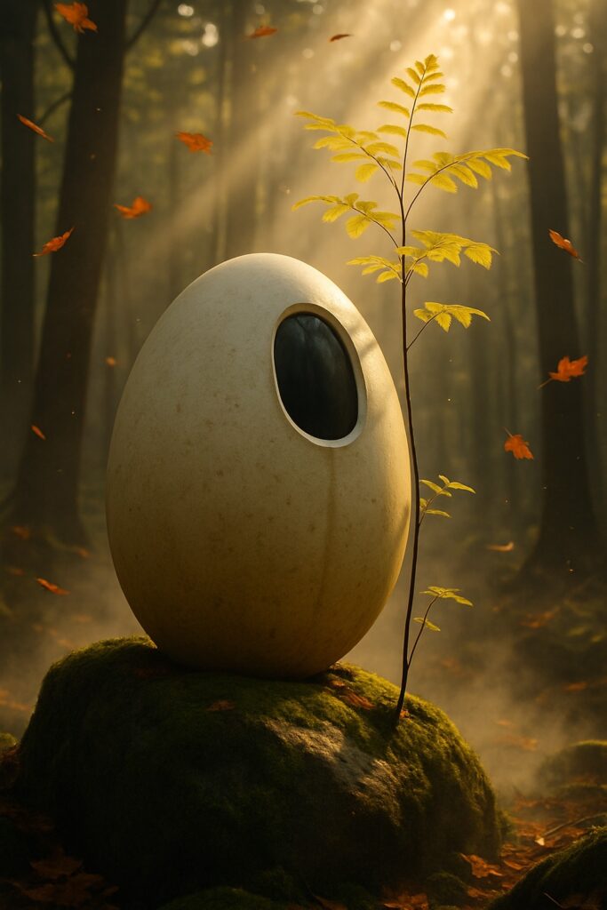 A futuristic white egg-shaped burial pod beside a young sapling in a sunlit forest