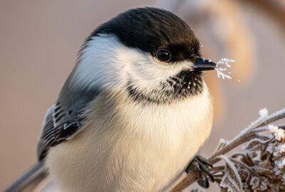 Black-capped chickadee perched on a frost-covered dried goldenrod stalk in winter snow