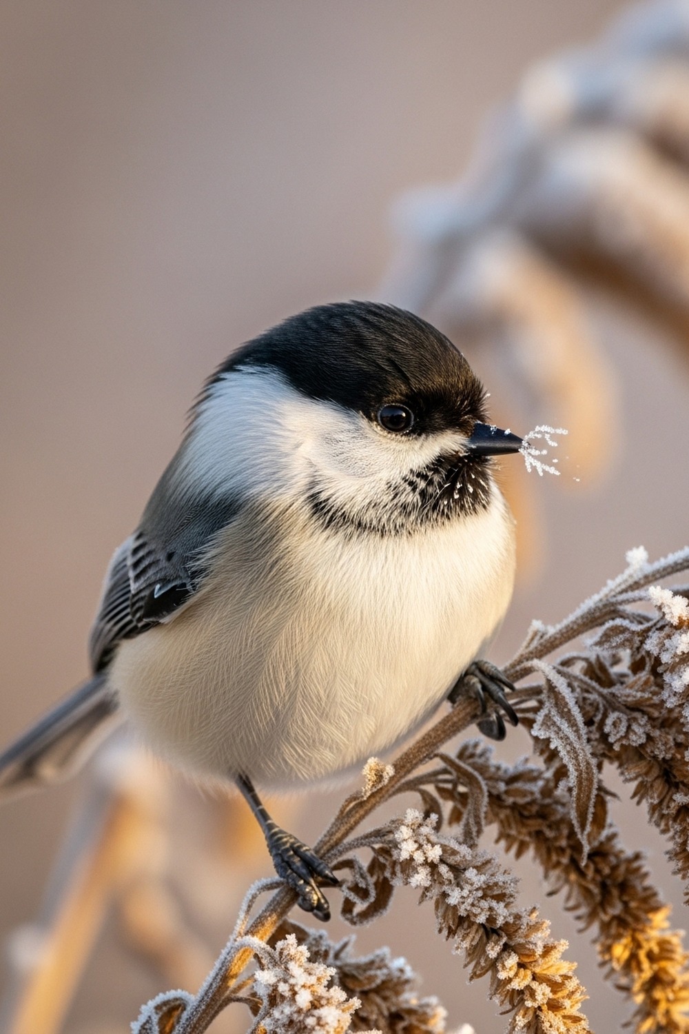 Black-capped chickadee perched on a frost-covered dried goldenrod stalk in winter snow