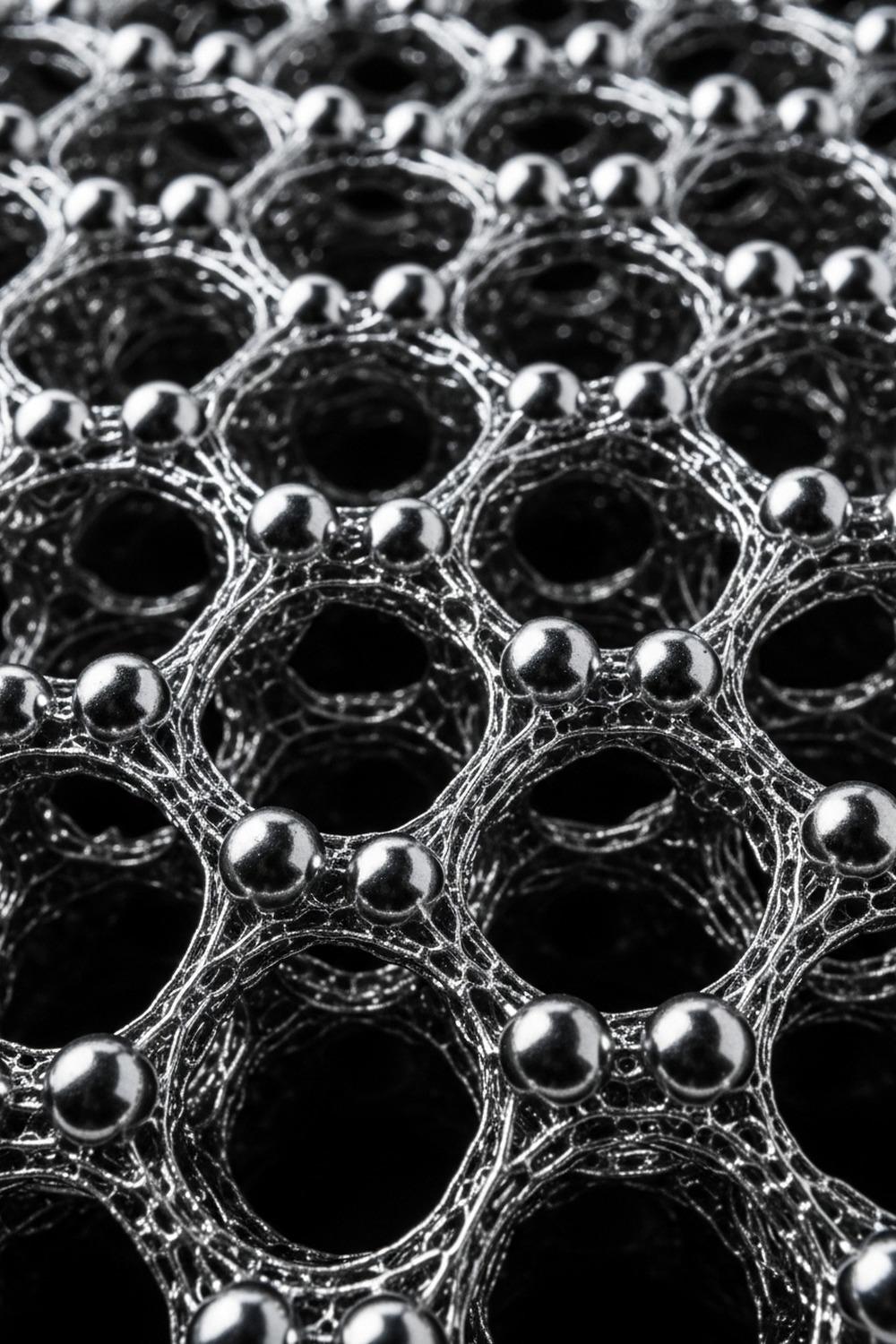 Extreme close-up of composite metal foam matrix revealing hollow spheres and air pockets under microscope light