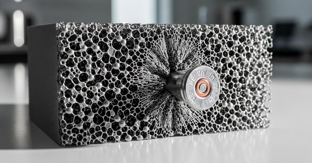Cross-section of metal foam armor panel showing collapsed chambers after stopping an armor-piercing round